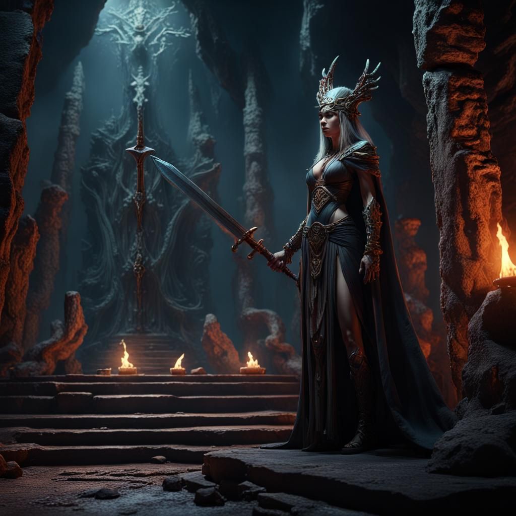 Dark Priestess in Dank Cavern: Fantasy Concept Art