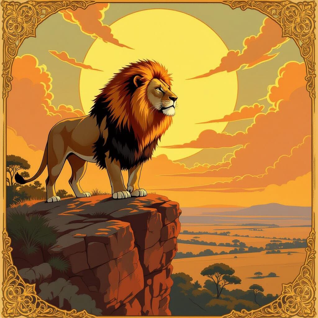 Fiery Lion on a Cliff in Art Nouveau Style