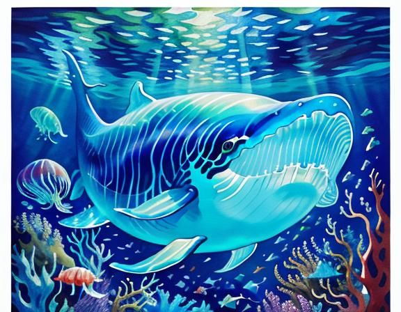 Glowing Glass Whale in Underwater Gouache Painting