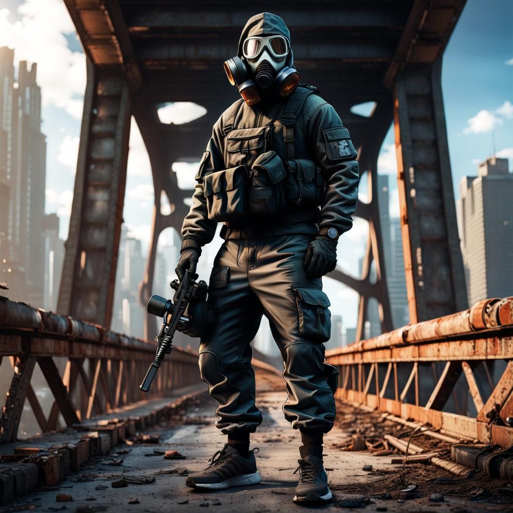 Soldier in Gas Mask on Decayed Bridge
