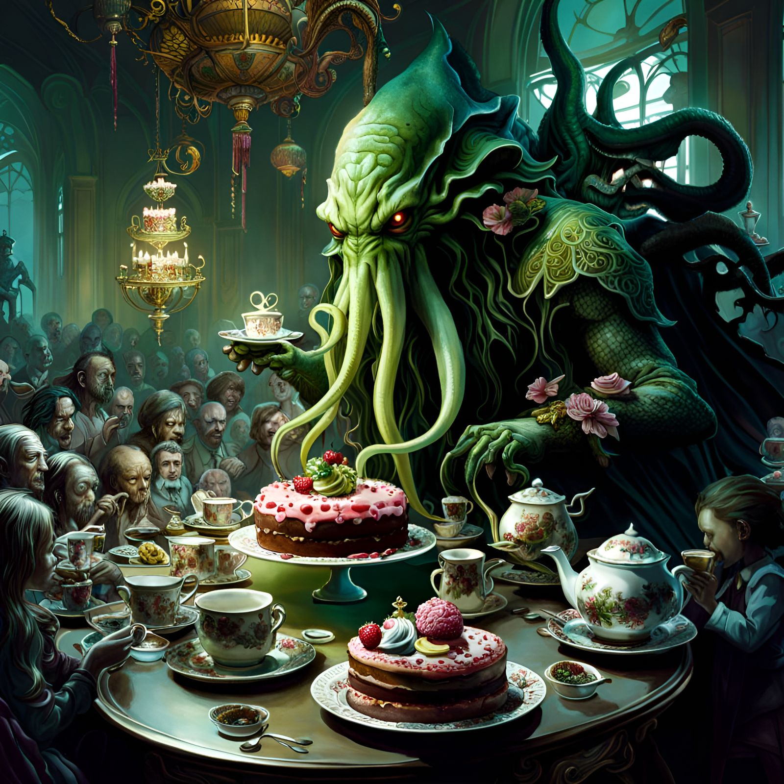 Cthulhu eating cake at a tea party