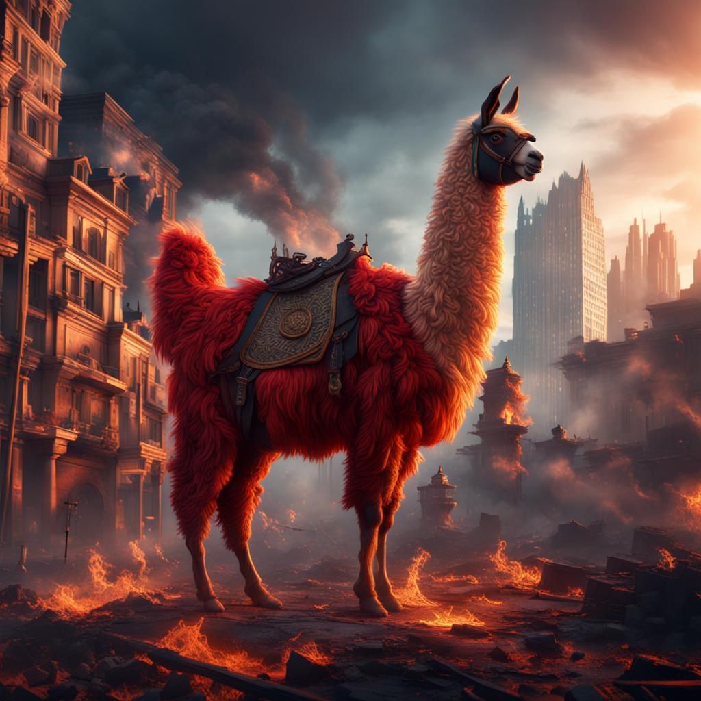 Dramatic Llama in Burning City: Fantasy Art