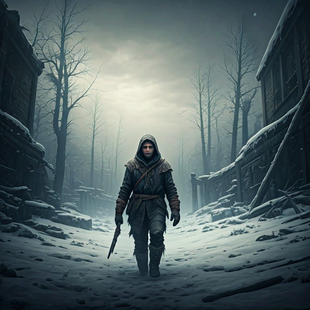 Desolate Winter Survivor in Earth-Toned Tatters, Post-Apocal...