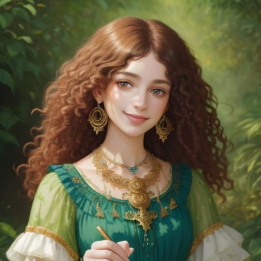 Art Nouveau Portrait of Woman in Lush Garden