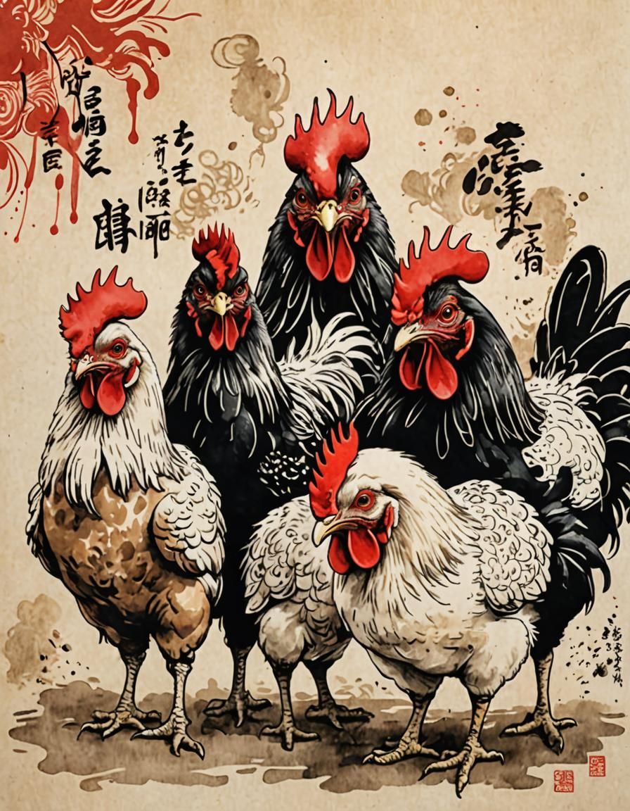 Chinese Ink Sketch of Googly-Eyed Chickens