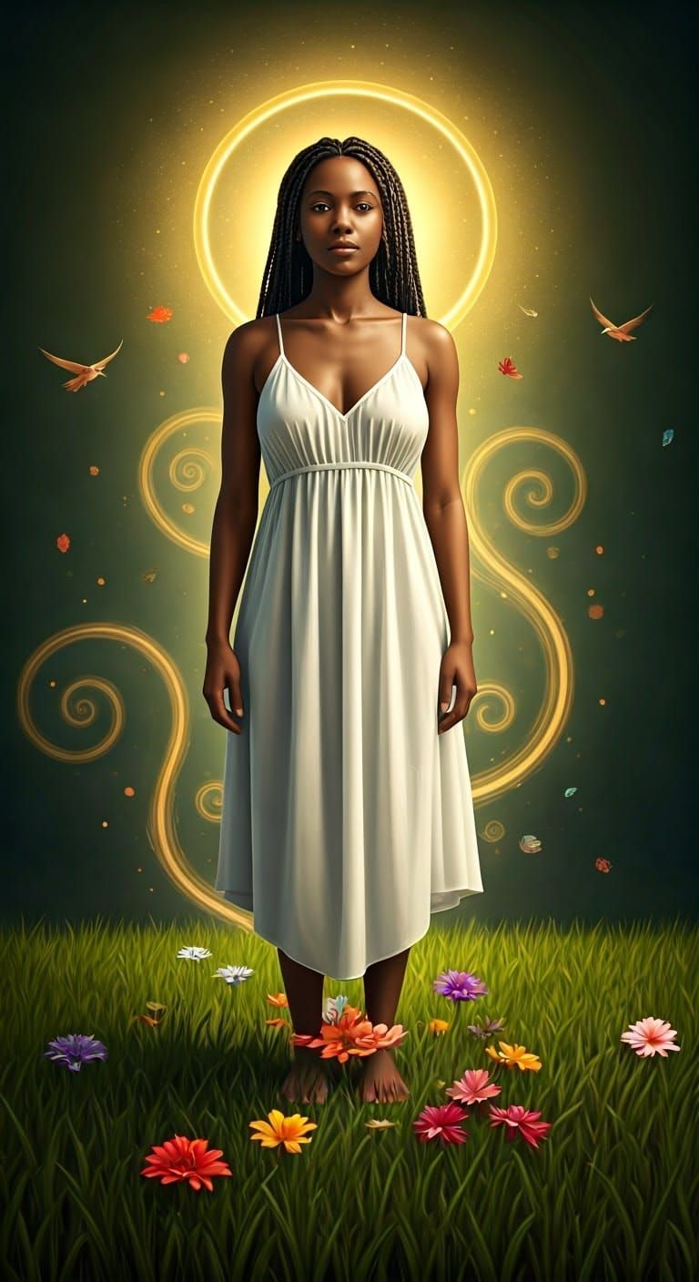 Serene Woman Connected to Earth in Mystical Realism