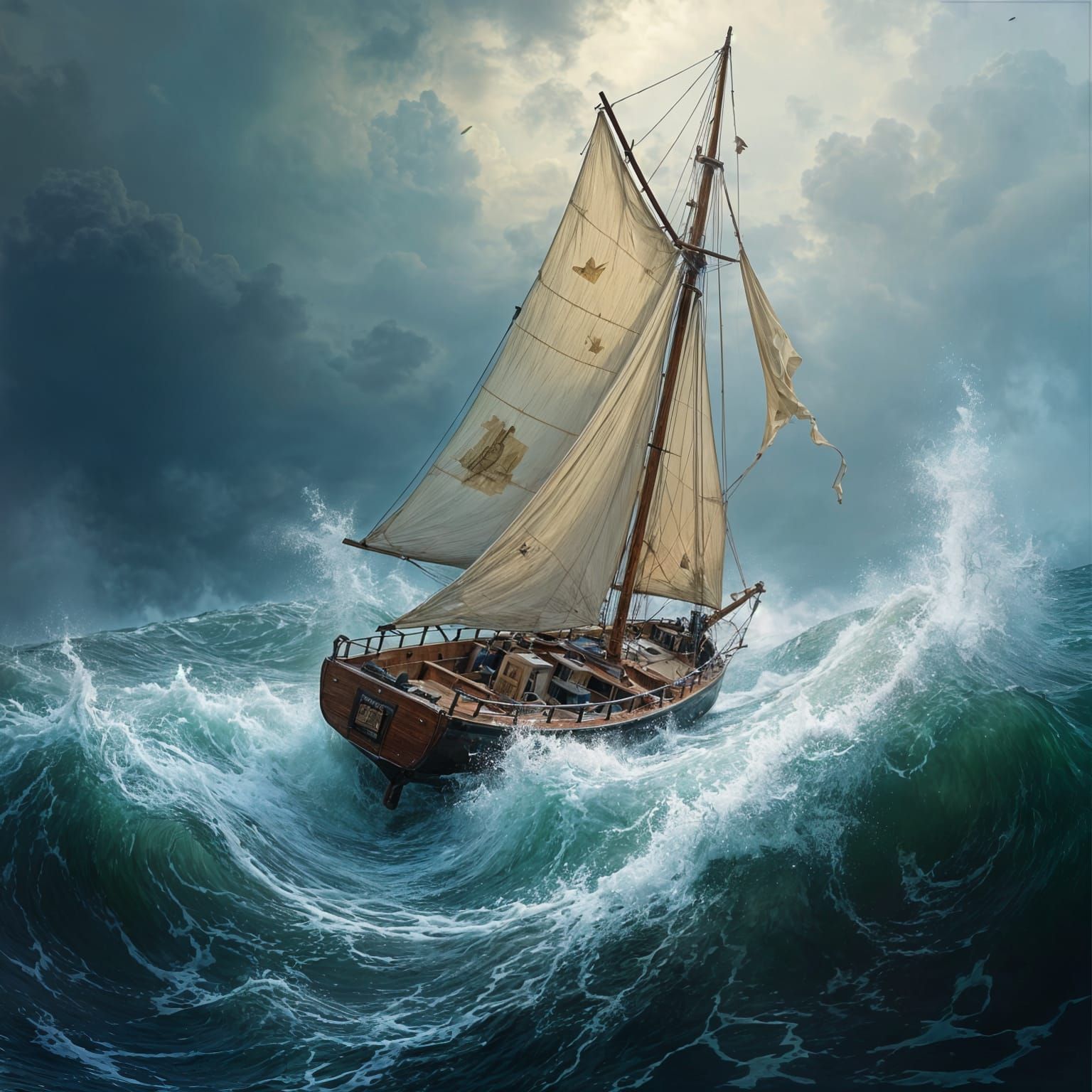 Tossed Sailboat in Turbulent Stormy Seas