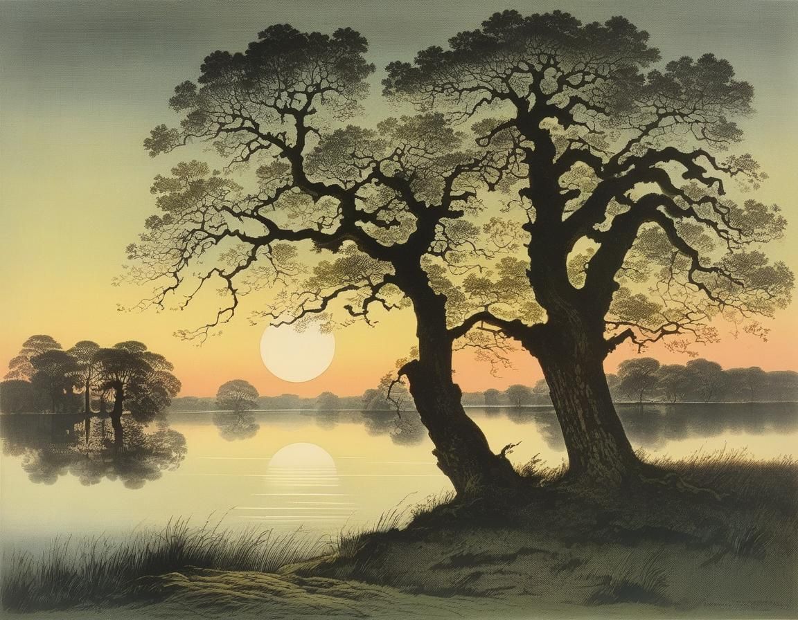 Serene Lake at Dusk with Old Oaks in Etching Style