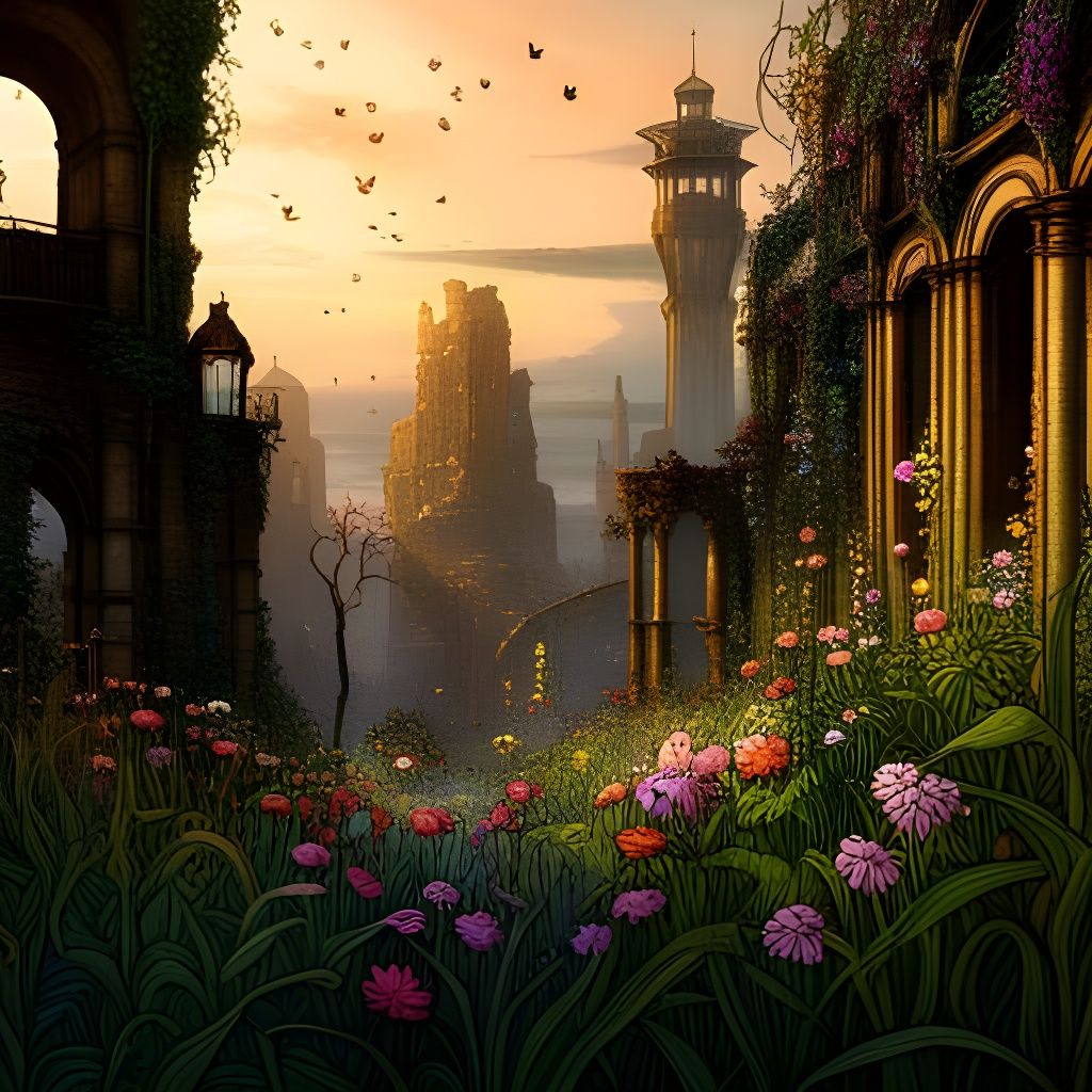 Wildflowers Bloom in Ruins: Detailed Illustration