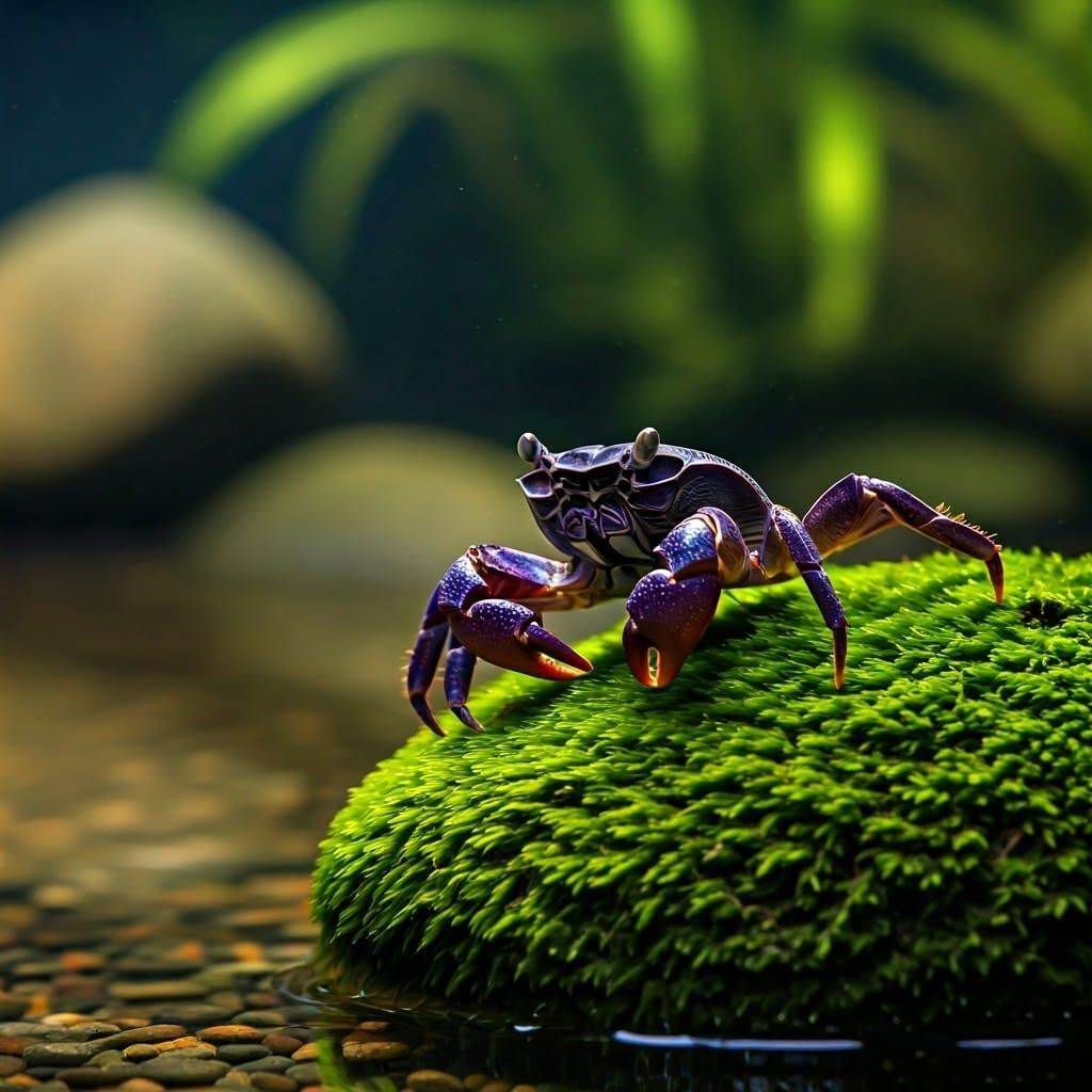 Vampire Crab on Mossy Rock in Impressionist Style