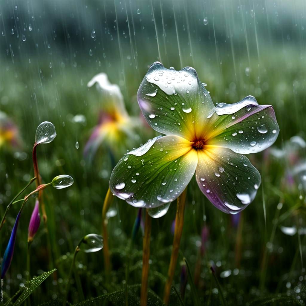 Transparent Rain Flower with Rainbow Reflections