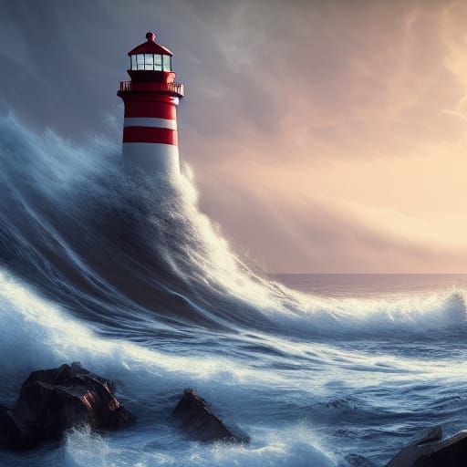 Waves Crashing Against Lighthouse in Detailed Matte Painting