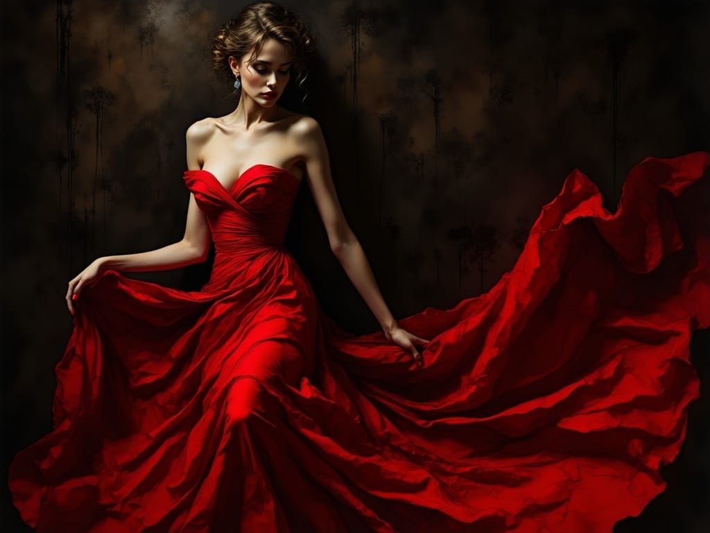 Elegant Woman in Red Evening Gown, Shaped by Light and Shado...