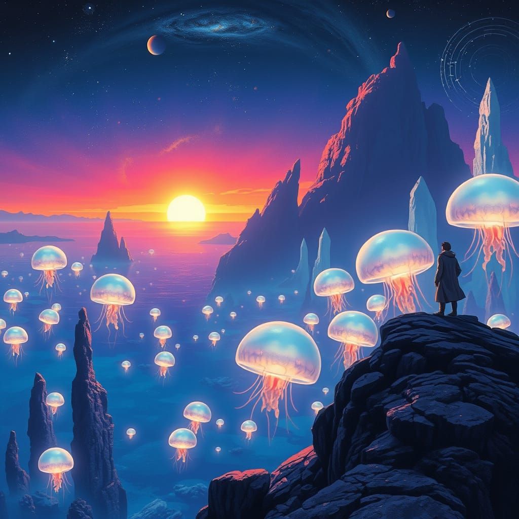 Bioluminescent Ocean on Alien Planet, Ghibli Style