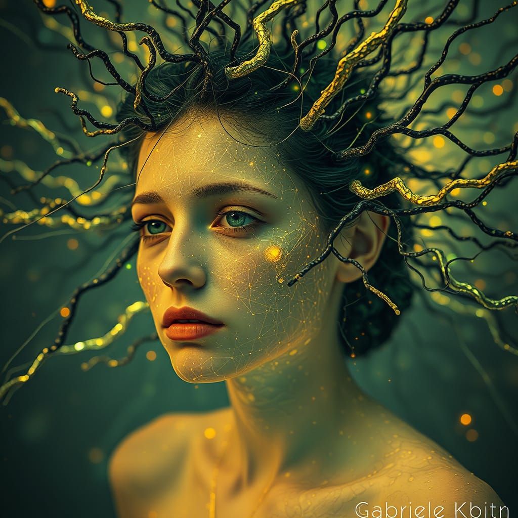 Chaotic Neonpunk Portrait with Gold Accents