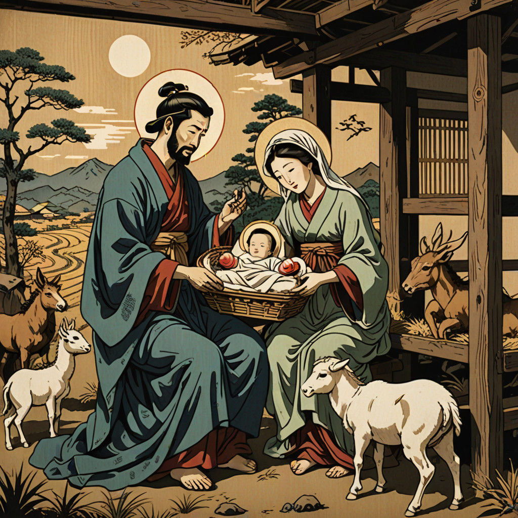 Classic Japanese Woodblock Print of the Nativity Scene