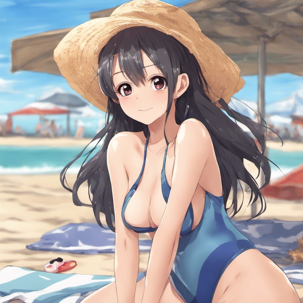 Anime Girl in Swimsuit on Beach, Manga Style