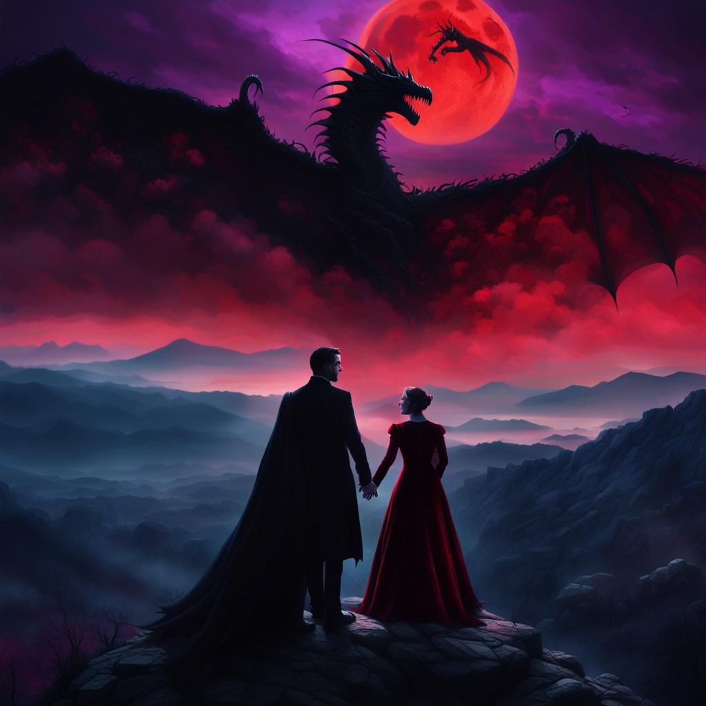 Gothic Vampire Couple with Dragon Silhouette, Hyperrealistic...