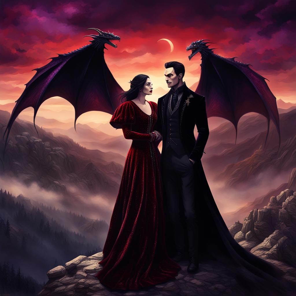 Gothic Vampire Couple with Dragon in Twilight Sky