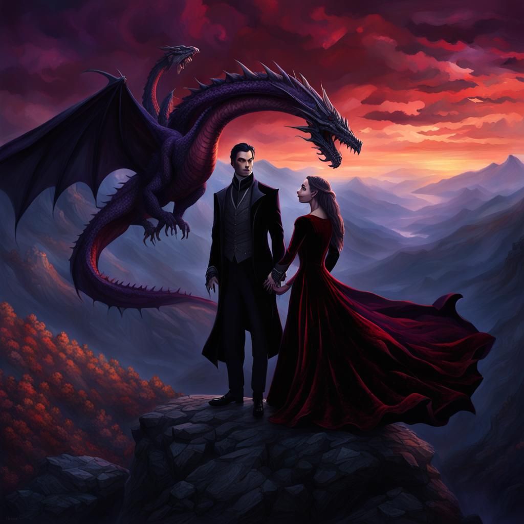 Gothic Vampire and Wife with Dragon in Dark Fantasy Art