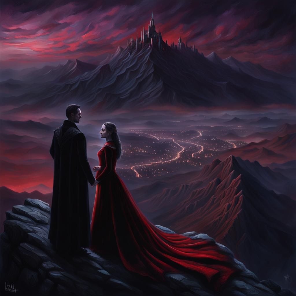 Gothic Vampire Couple with Dragon at Twilight