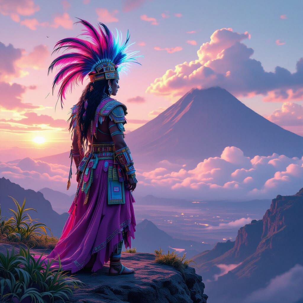 Mayan Warrior with Quetzal Headdress in Dreamlike Digital Ar...