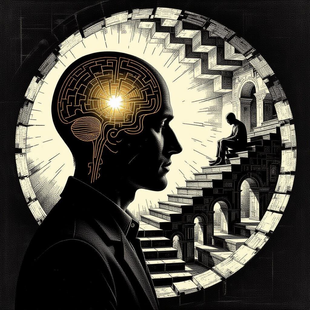 Escherian Dreamscape: Architectural Mind in Woodcut Style