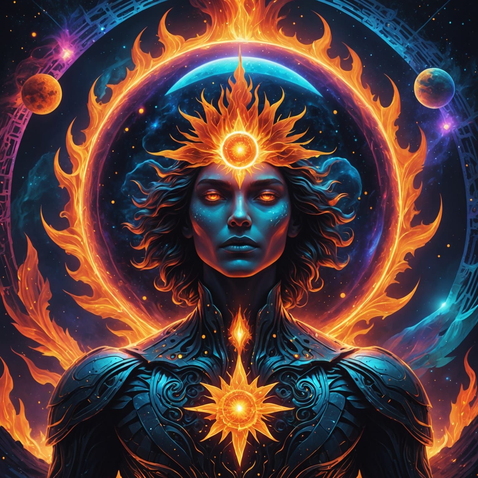 Fiery Objects in a Holographic Astral Illustration