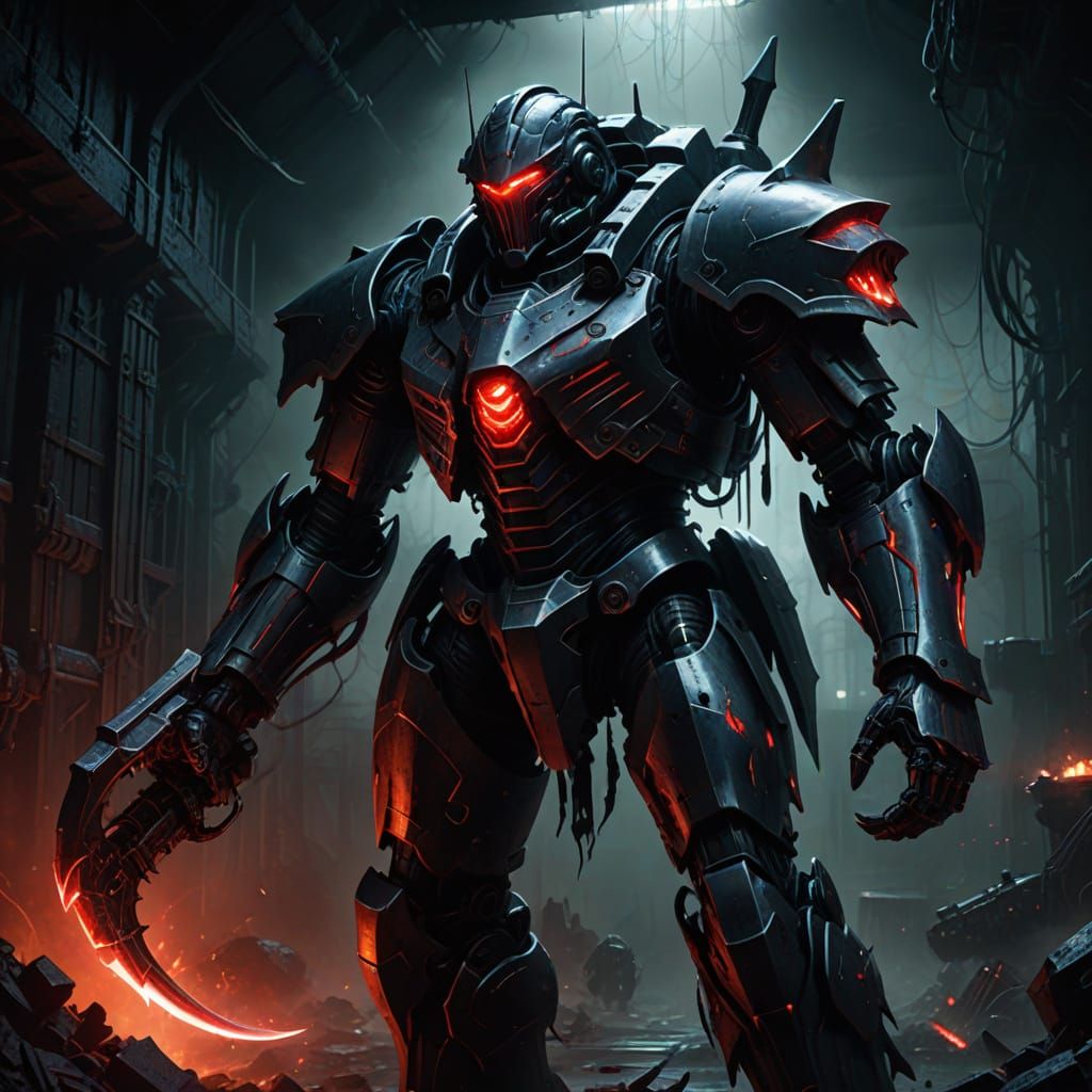 Cybernetic Knight Wields Fierce Red Scythe in Dark Fantasy B...