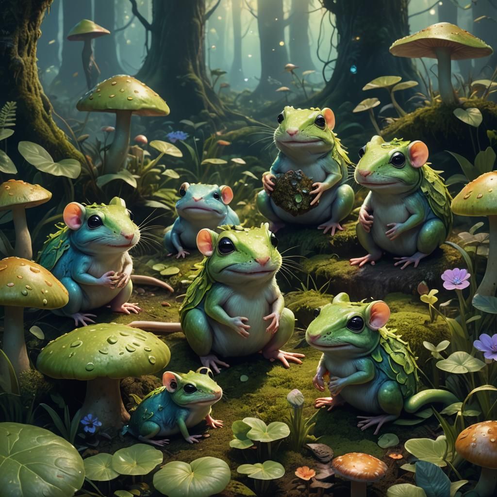 Green Rats and Smiling Frog in Misty Forest