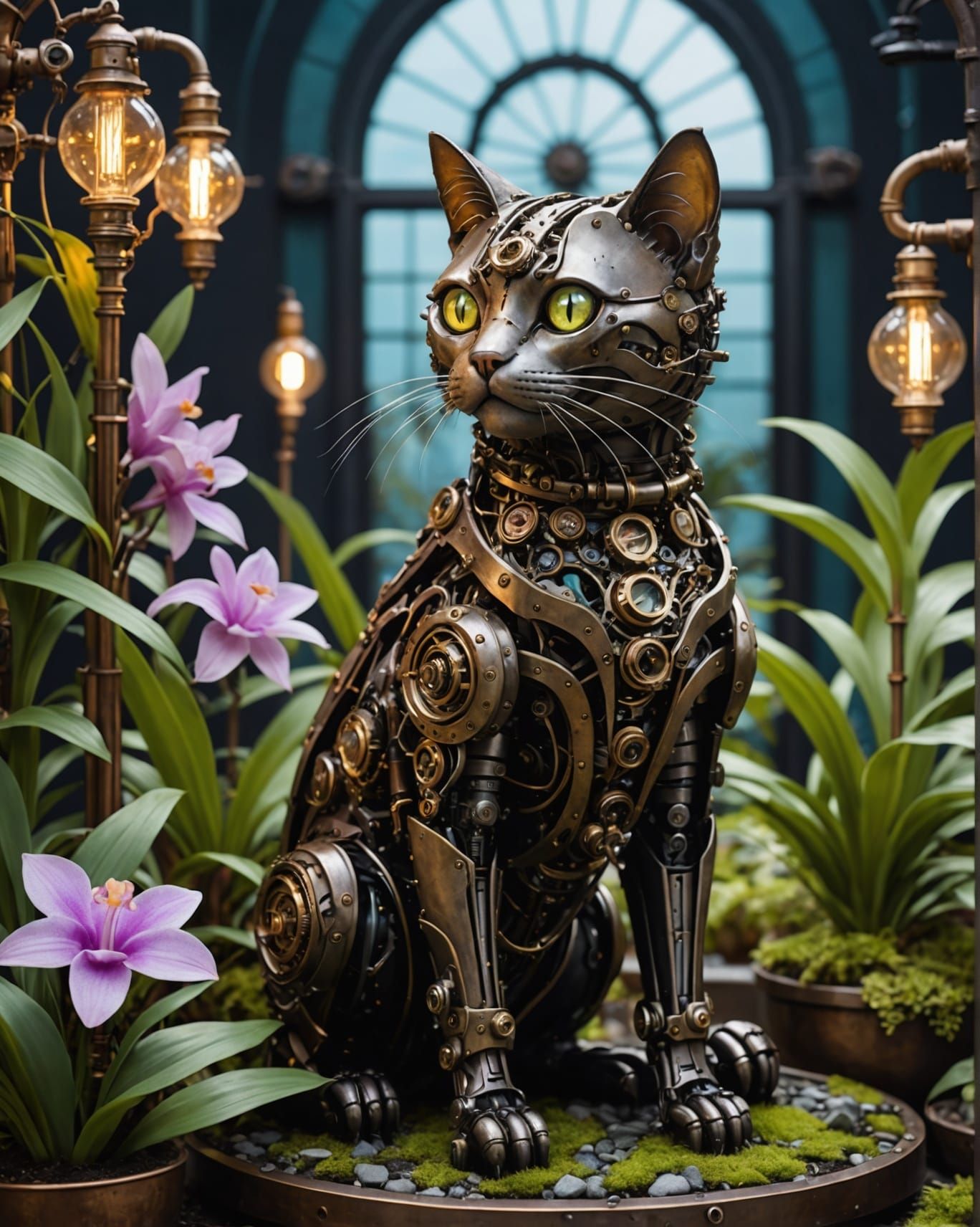 Steampunk Cat in a Biopunk Orchid Garden
