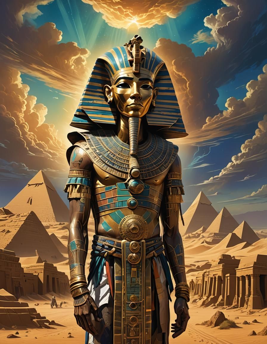 Majestic Pharaoh Mask in Golden Desert Landscape