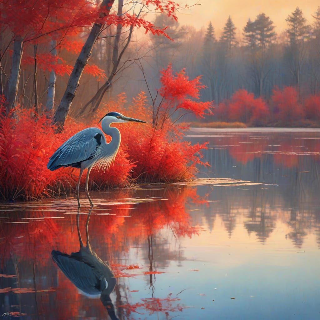 Winter Sunset Heron in Vibrant Red Leaves Watercolor Style