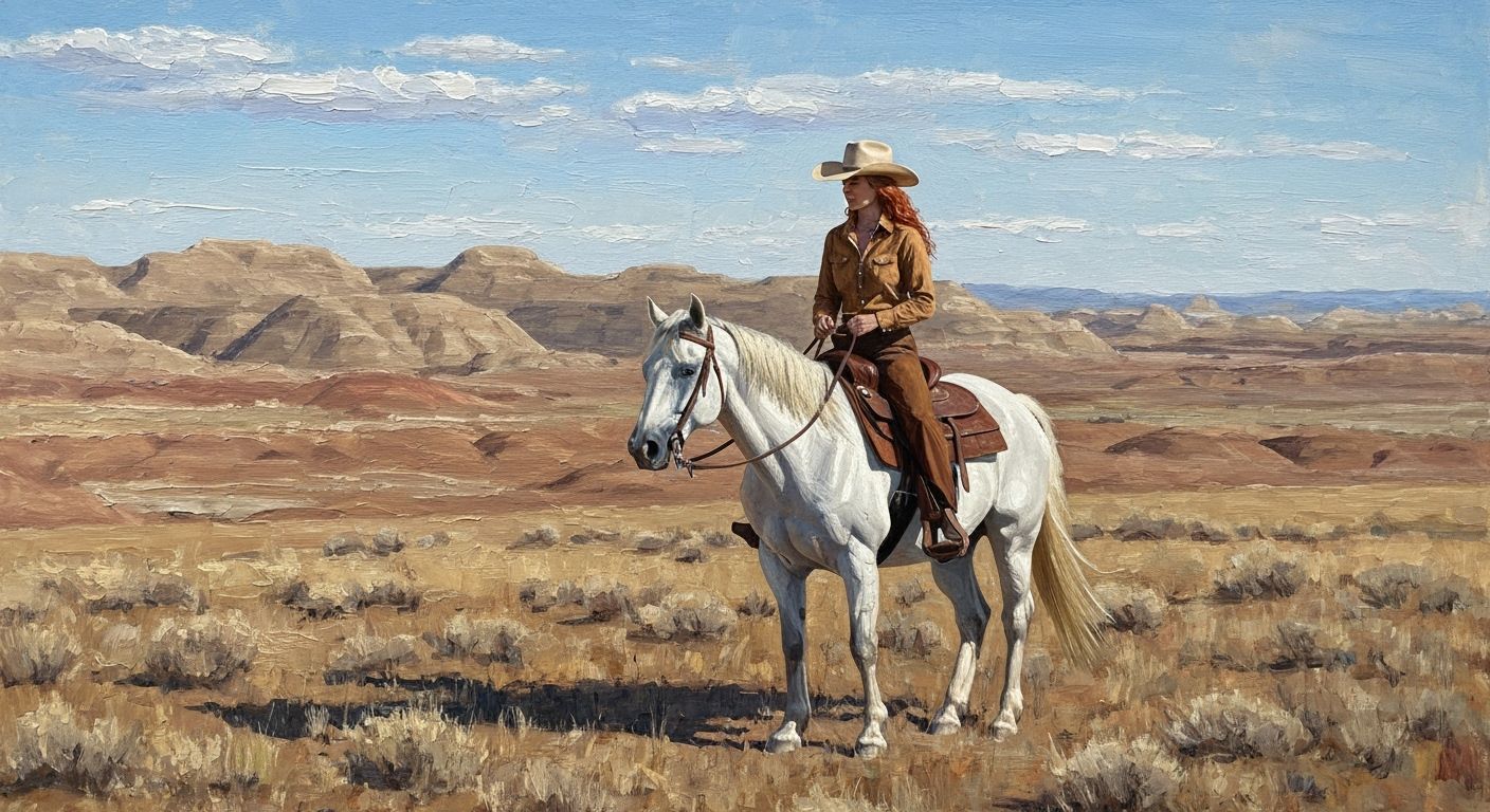 Impasto Oil Painting of Woman Riding Horse in Badlands