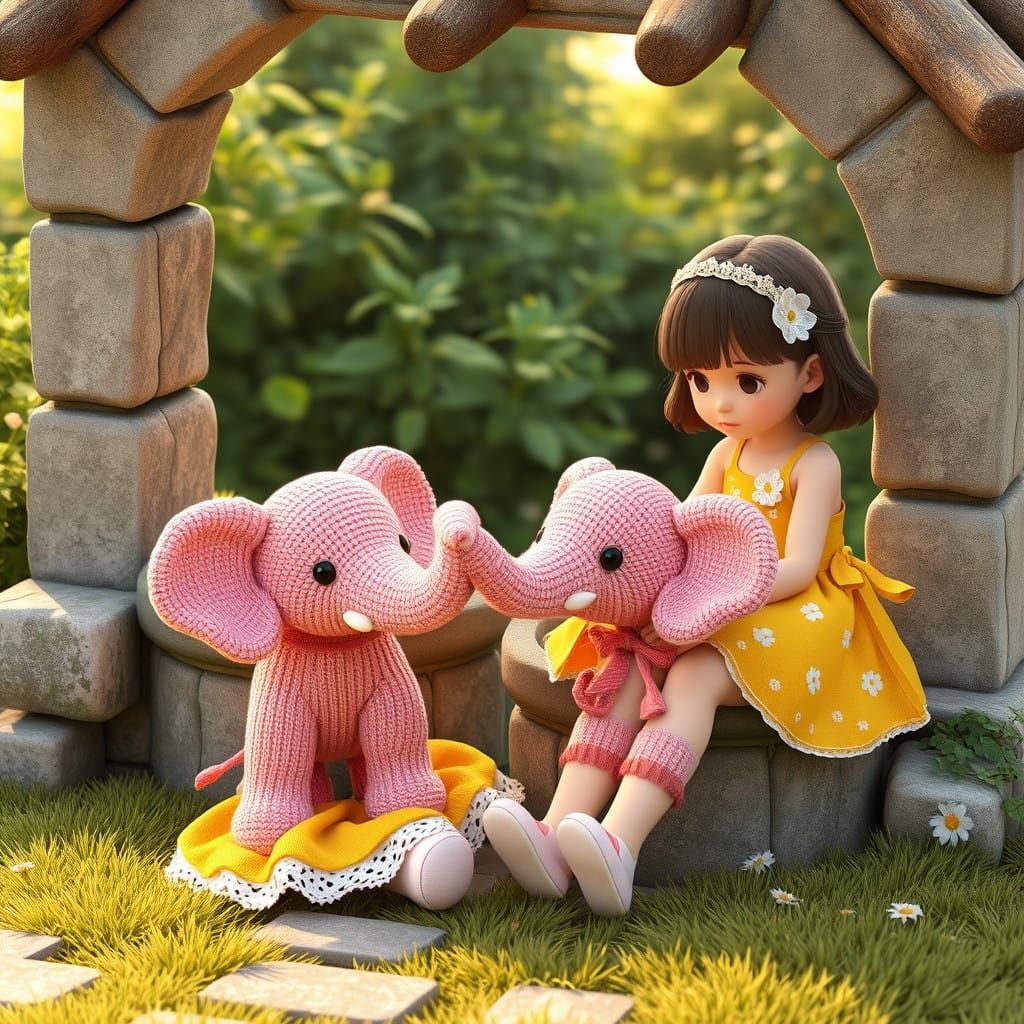 Whimsical Girl and Knitted Elephants by a Well in Vibrant 3D...