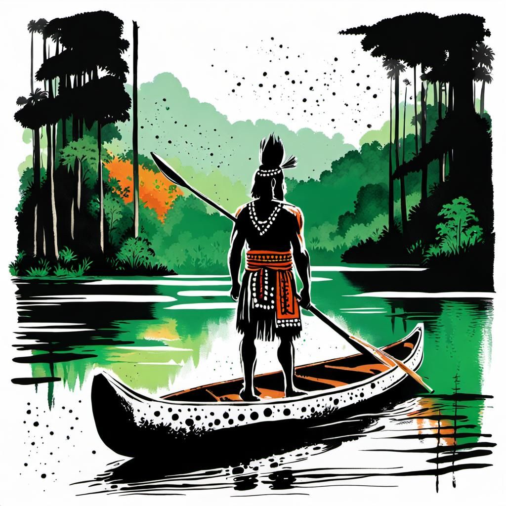 Amazonian Indian in Canoe: Chalk Drawing with Color Accents