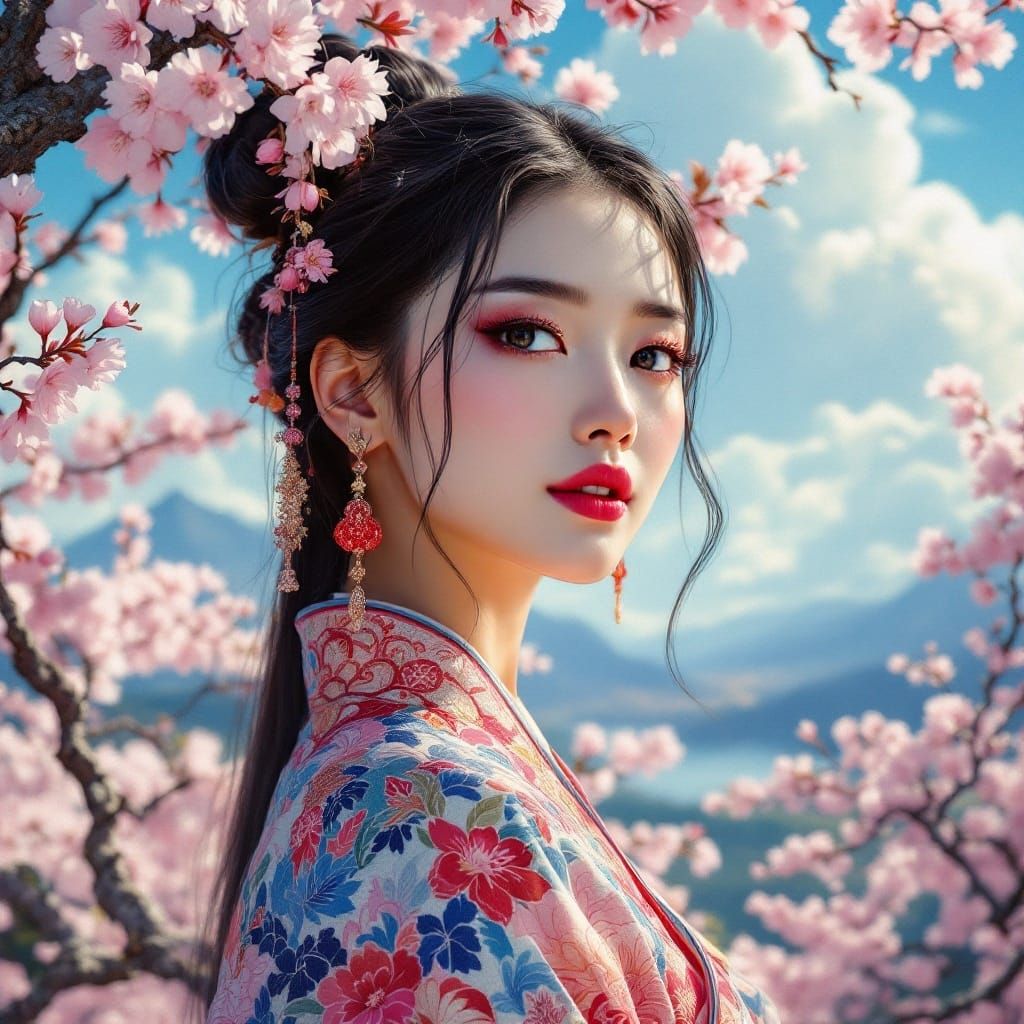 Elegant Woman in Hanfu Under Cherry Blossoms