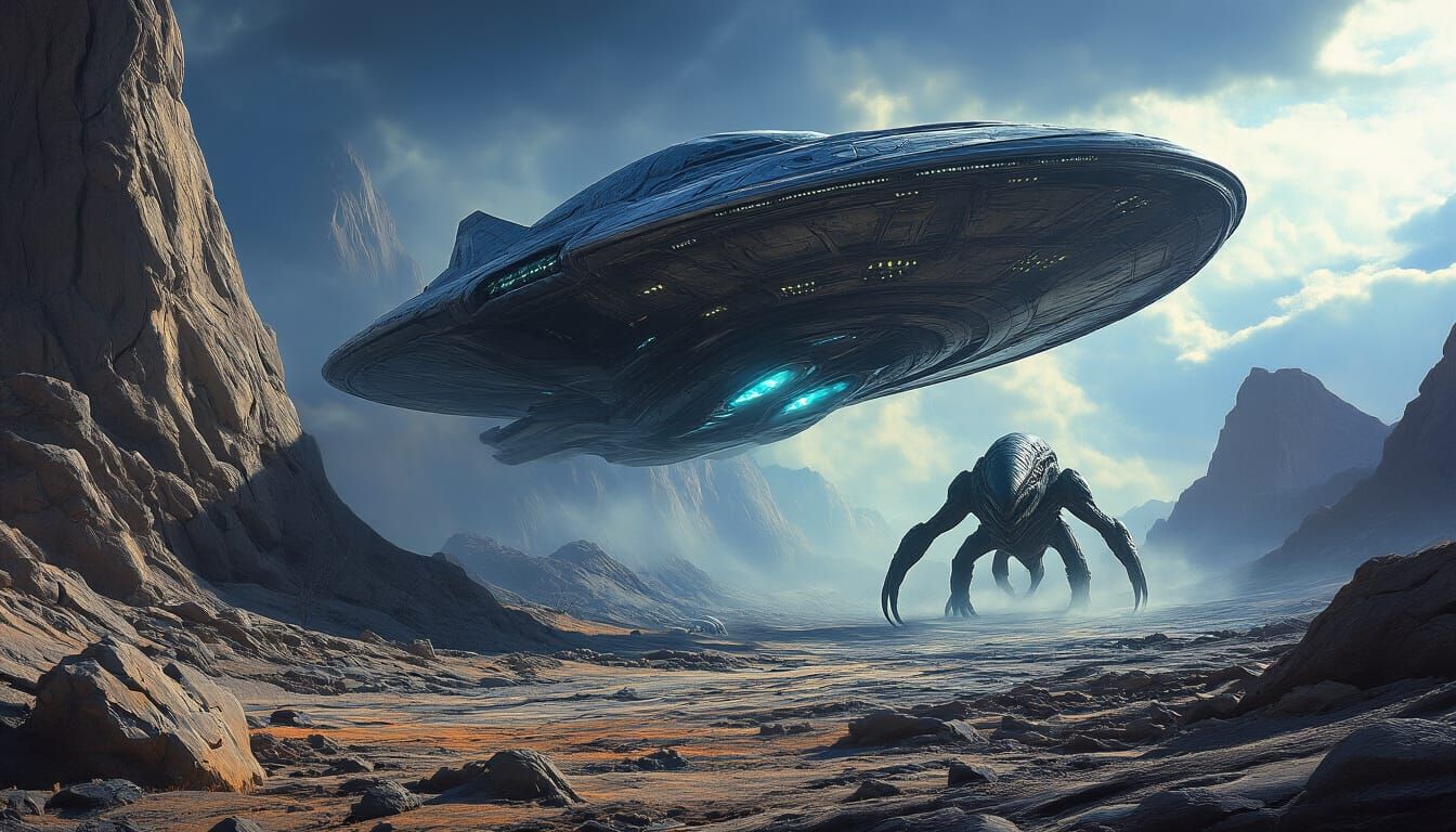 Alien Spaceship Landing on Rocky Planet in Sci-Fi Comic