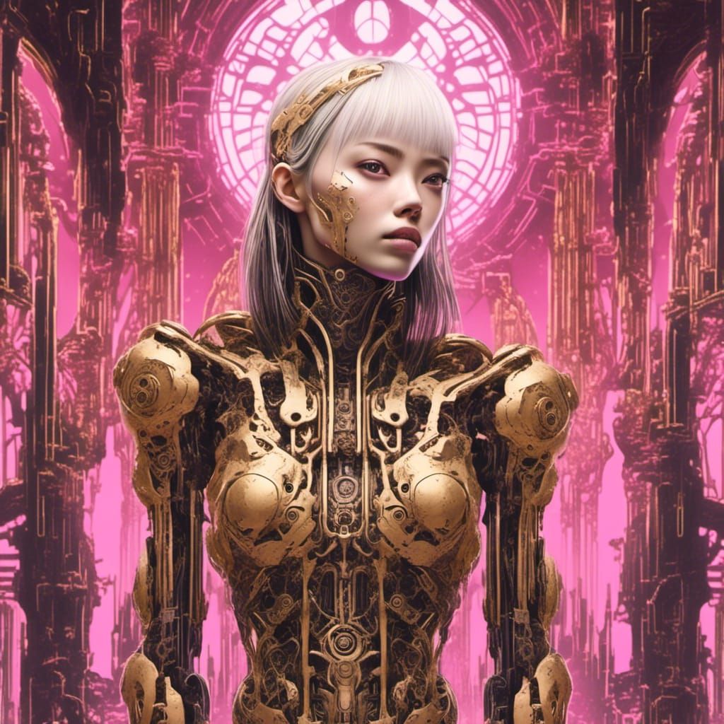 Cyberpunk Girl in Corroded Cathedral, Junji Ito Style