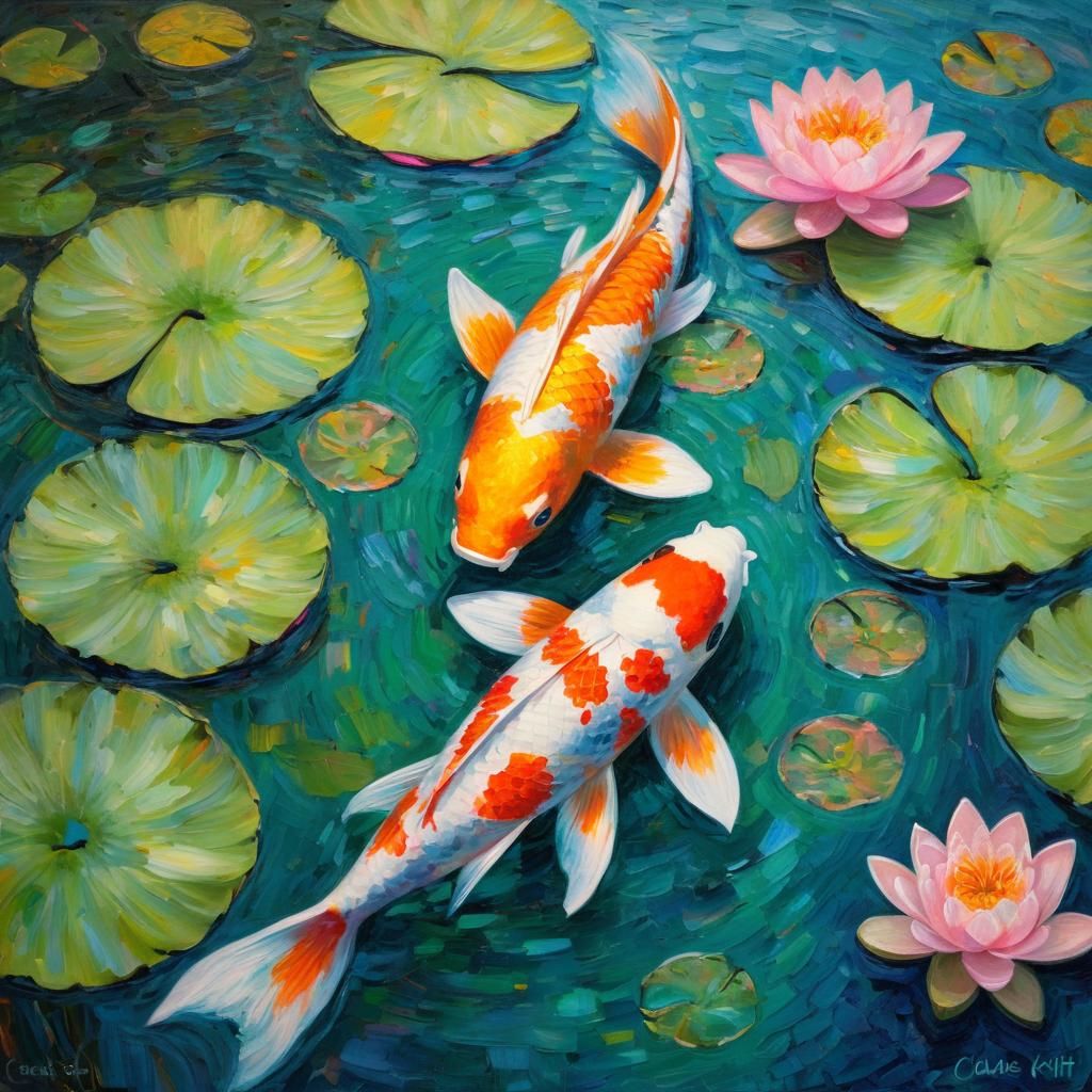 Koi in Pond: A Vibrant Oil Painting