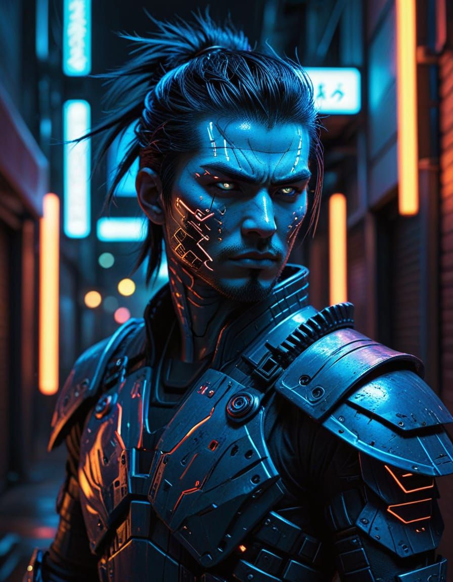 Cyberpunk Samurai Defies the Neon-Lit Alleyway