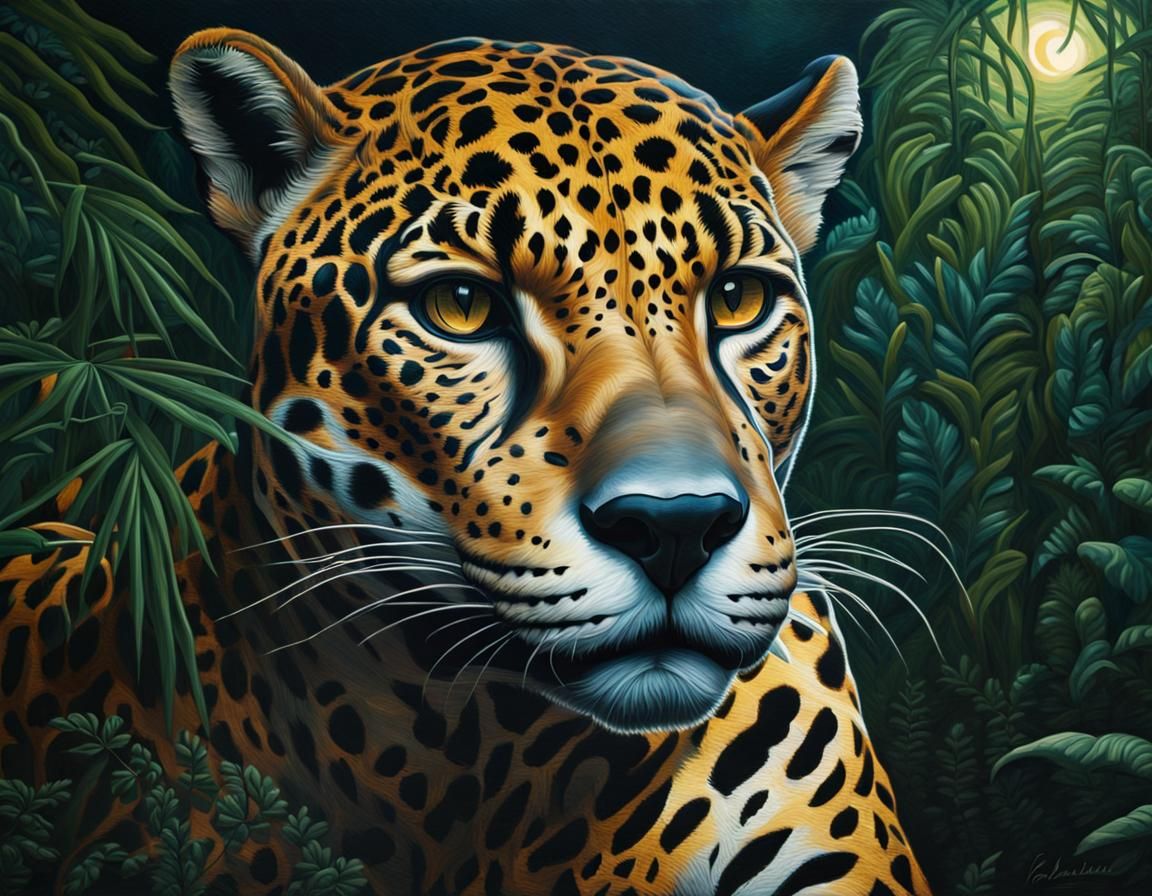Moonlit Jaguar Portrait in Primitivist Style