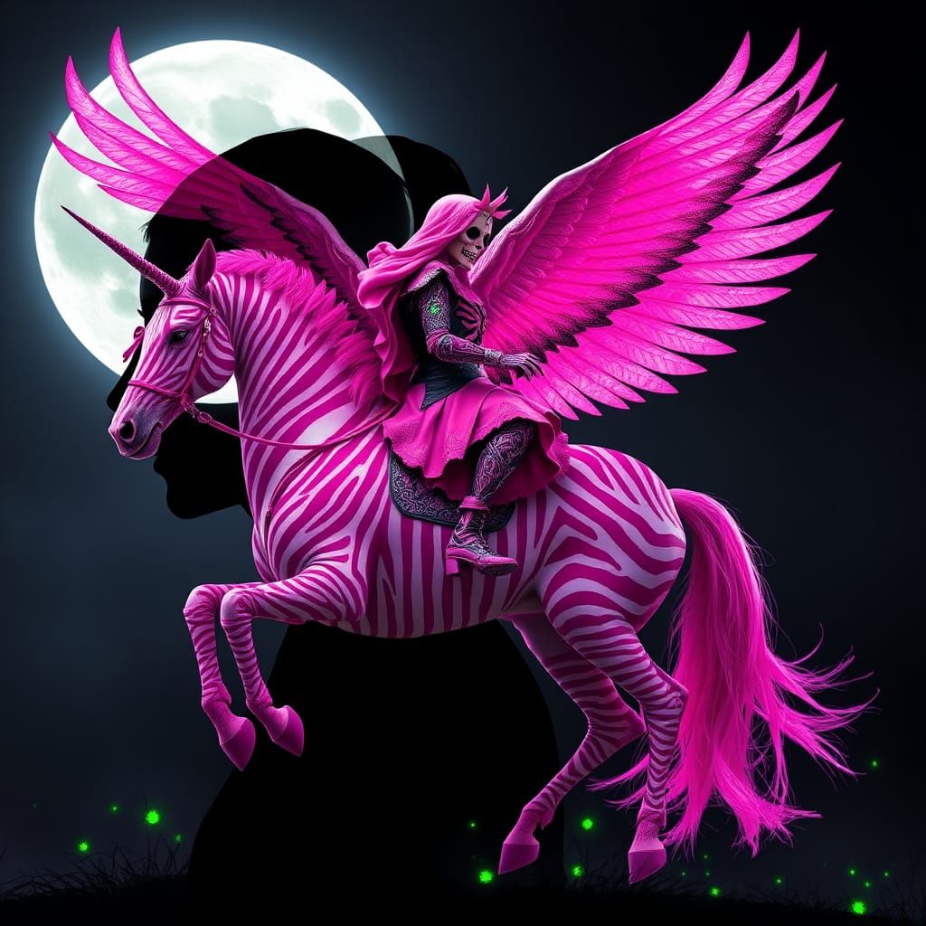 Pink Reaper Queen Rides Unicorn, Dark Fantasy Art