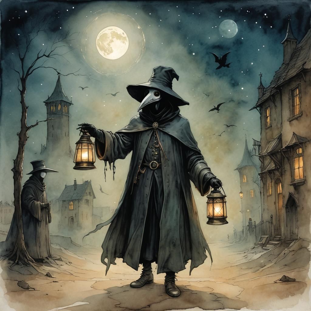 Plague Doctor with Lantern in Surreal Style