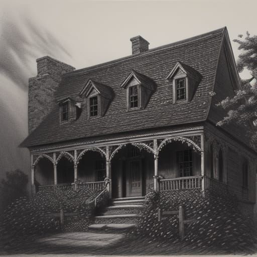 Hyperdetailed Charcoal Drawing of Old House with Red Roses