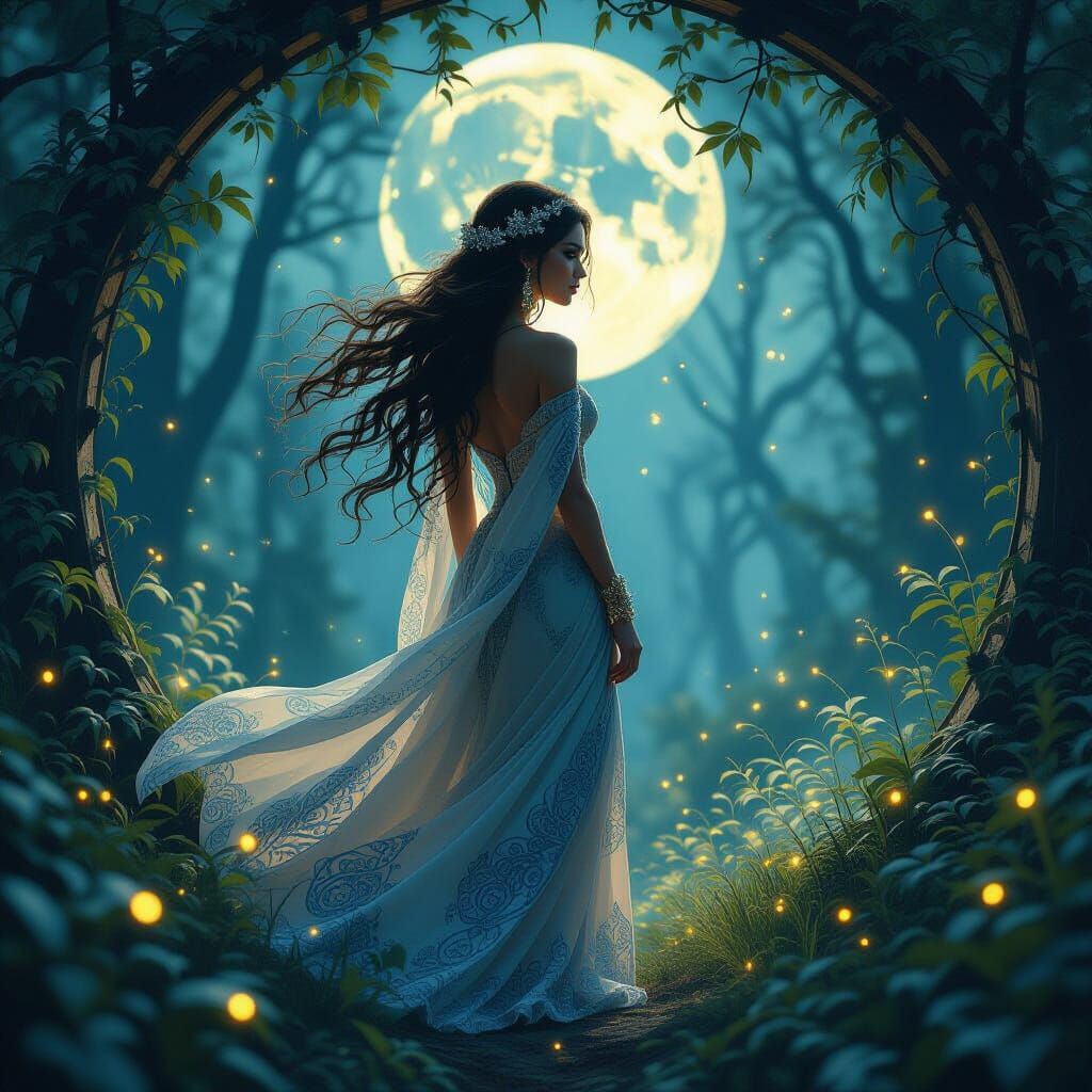 Mystical Woman in Moonlit Forest Clearing