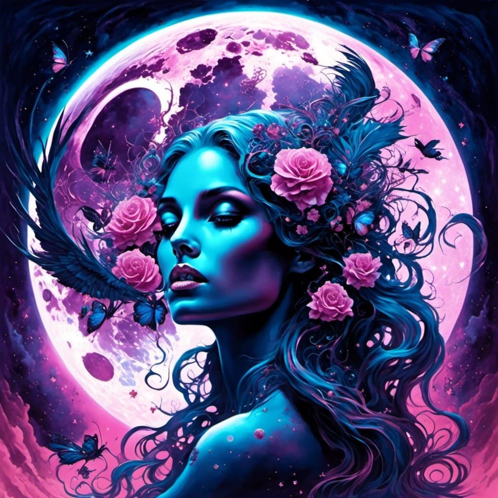 Pink Moon Goddess in Psychedelic Surrealism