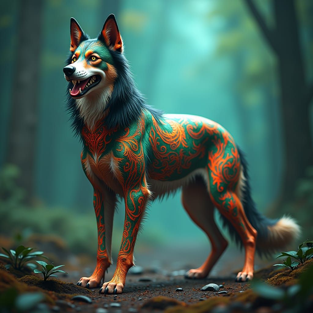Tattooed Canine Hero in Mystical Realm