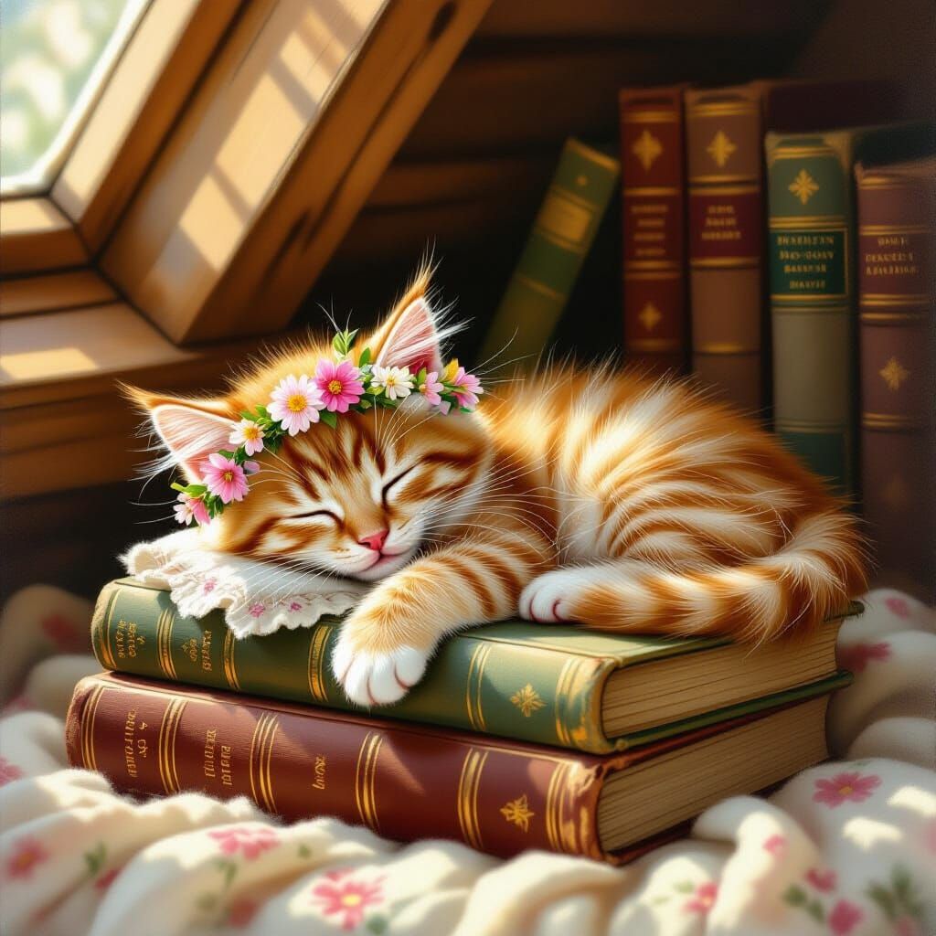 Ginger Kitten's Dream: A Sun-Drenched Attic Scene