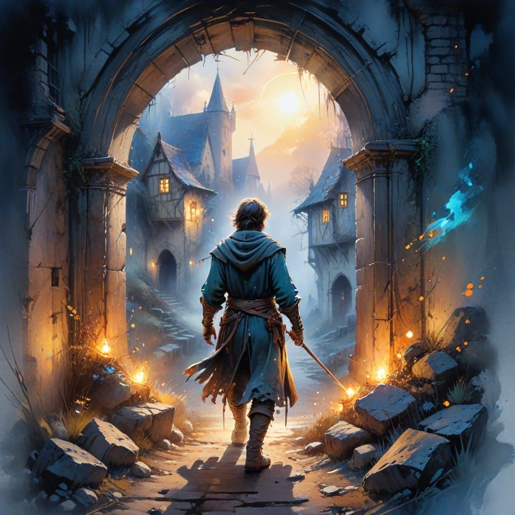 Time Traveler in Medieval Village, Watercolour Style